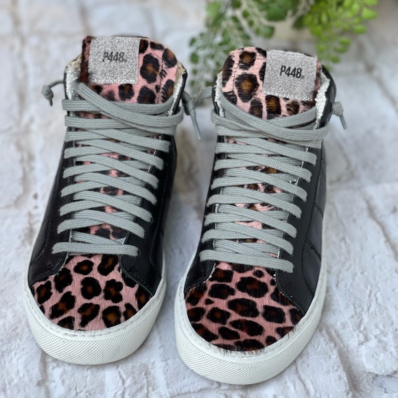 P448 STAR LEATHER HIGH TOP SNEAKER in Pleo Black Leather 35/5 - Picture 2 of 12